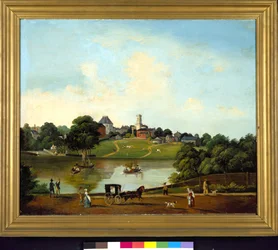 Eine von drei Ansichten des Chouteau-Teichs, St. Louis, von dem wandernden französischen Künstler Desire Barbier